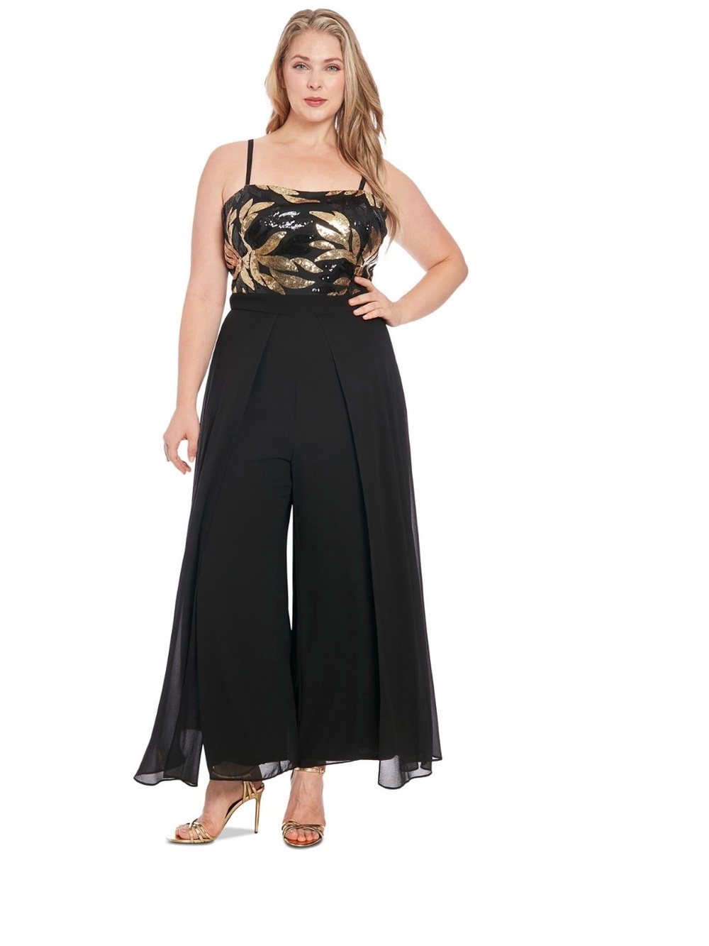 New London Times Black Wide-Leg Jumpsuit with Gold Sequin Bodice